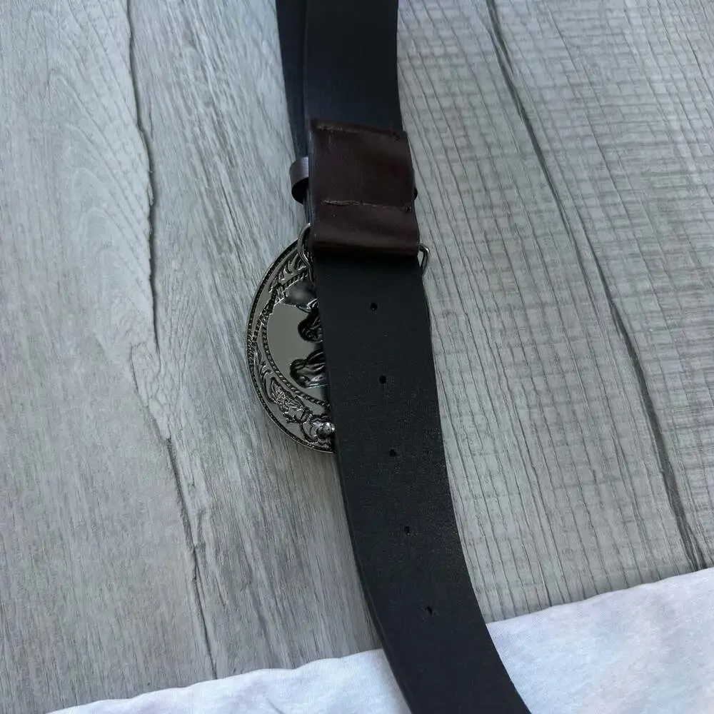 Western Dark Brown Leather Belt With Ornate Oval Double Horse Head Buckle